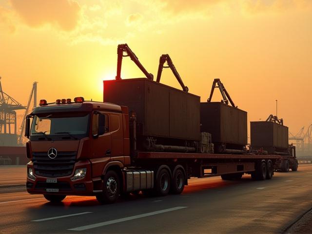 Specialized flatbed truck carrying heavy machinery
