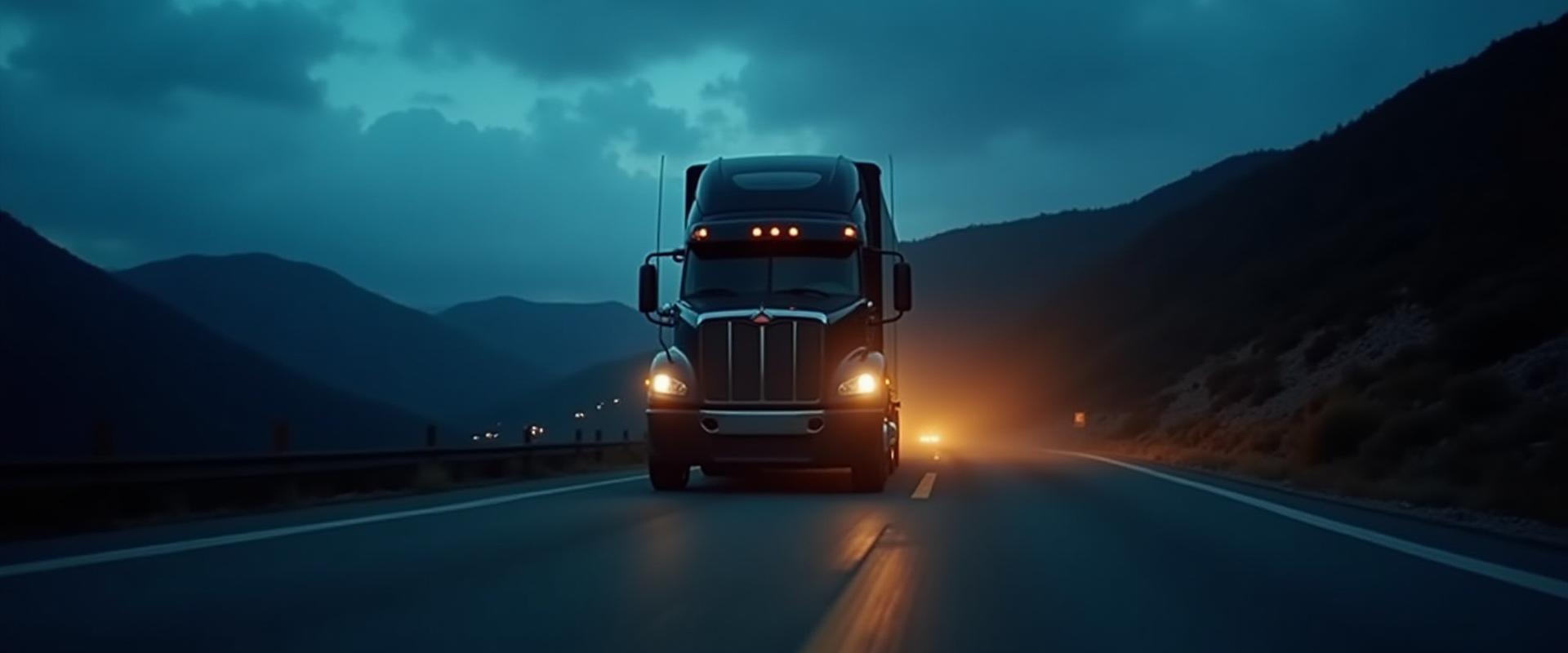 Meeko & Sons dedicated FTL truck driving through a coastal mountain pass at twilight