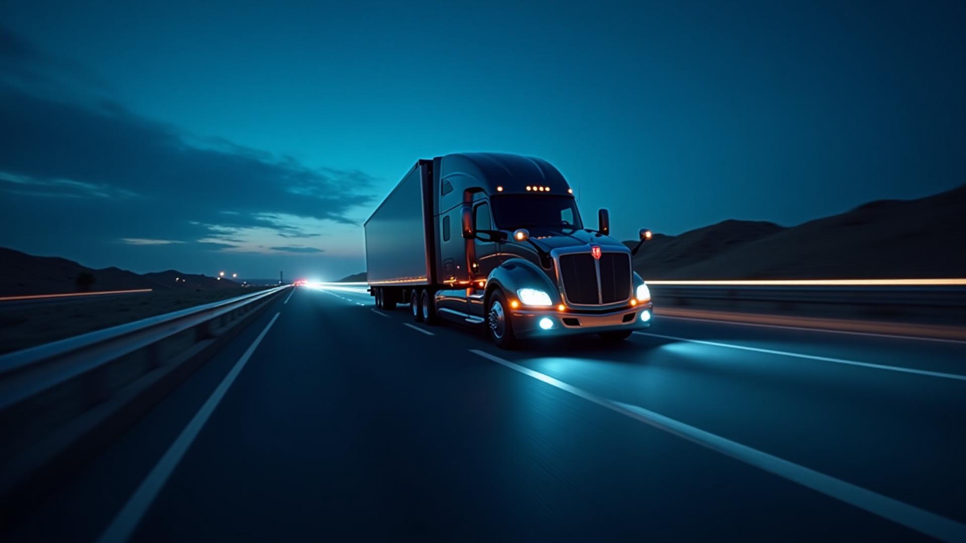 Modern semi-truck driving through a neon-lit logistics corridor at dusk