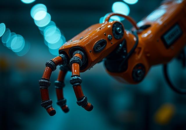 Close up of industrial robotic arm in a precision factory